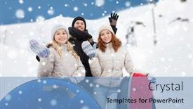  Presentation with snow mountain - Slide set with winter leisure sport friendship and people concept - group of smiling friends with snow tubes waving hands over mountain background background and a light blue colored foreground