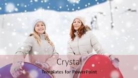  Presentation with snow mountain - Slide deck featuring winter leisure sport friendship and people concept - happy girl friends with snow tubes outdoors over mountain background background and a coral colored foreground