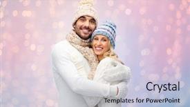  Presentation with serenity - Beautiful slides featuring winter love couple christmas and people concept - smiling man and woman in hats and scarf hugging over rose quartz and serenity lights background backdrop and a lemonade colored foreground