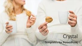  Presentation with oat - Slide deck consisting of winter love food and sweets concept - close up of happy couple with oat cookies and tea cups at home background and a soft green colored foreground
