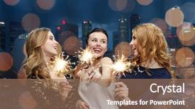  Presentation with women labor - Presentation design enhanced with winter party - happy young women with sparklers background and a  colored foreground