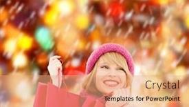  Presentation with happiness - Slide deck having winter people and happiness concept - woman in pink hat and scarf with many shopping bags background and a coral colored foreground