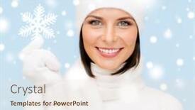  Presentation with happiness - Slide deck with winter people happiness concept - woman in hat muffler and gloves with big snowflake background and a lemonade colored foreground