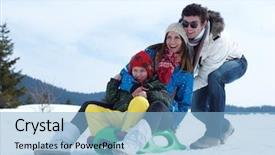  Presentation with winter family - Presentation theme consisting of winter playing fun snow and family portrait sledding at winter time background and a light blue colored foreground