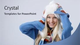  Presentation with winter - Slide deck enhanced with winter portrait of attractive young blonde woman in white fur hat smiling looking at camera hands on head background and a sky blue colored foreground
