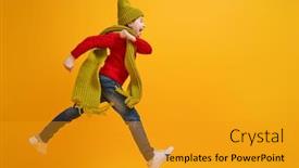  Presentation with winter - Colorful presentation design enhanced with winter portrait of happy child wearing knitted hat snood and sweater girl having fun playing and laughing on yellow background fashion concept backdrop and a gold colored foreground
