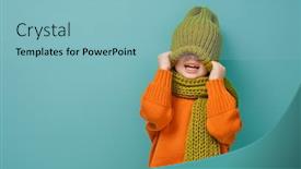  Presentation with winter - Colorful slide set enhanced with winter portrait of happy child wearing knitted hat snood and sweater girl having fun playing and laughing on teal background fashion concept backdrop and a light blue colored foreground