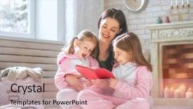  Presentation with family reading - PPT theme with winter portrait of happy loving background and a coral colored foreground