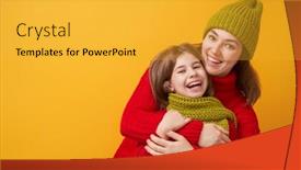  Presentation with family fashion - Presentation design consisting of winter portrait of happy loving family wearing knitted hats snoods and sweaters mother and child girl having fun playing and laughing on yellow background fashion concept background and a gold colored foreground