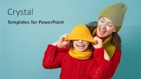  Presentation with family fashion - Beautiful PPT theme featuring winter portrait of happy loving family wearing knitted hats snoods and sweaters mother and child girl having fun playing and laughing on teal background fashion concept backdrop and a light blue colored foreground