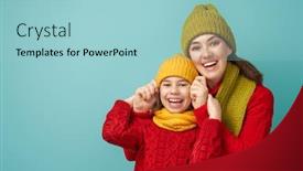  Presentation with family fashion - Beautiful presentation featuring winter portrait of happy loving family wearing knitted hats snoods and sweaters mother and child girl having fun playing and laughing on teal background fashion concept backdrop and a light blue colored foreground