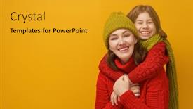  Presentation with family fashion - Presentation theme enhanced with winter portrait of happy loving family wearing knitted hats snoods and sweaters mother and child girl having fun playing and laughing on yellow background fashion concept background and a gold colored foreground