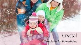  Presentation with winter family - Beautiful slide set featuring winter portrait of happy young family of 4 people backdrop and a coral colored foreground