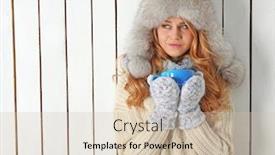  Presentation with clothing - Amazing presentation design having winter portrait of young beautiful blond woman in her knitted warm clothing with cup of hot drink backdrop and a soft green colored foreground