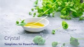  Presentation with olive oil - Presentation featuring winter-purslane-indian-lettuce background and a lemonade colored foreground