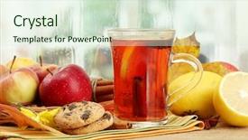  Presentation with tea leaves fresh green leaf - Colorful PPT theme enhanced with winter rain - cup of hot tea backdrop and a soft green colored foreground