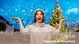  Presentation with old people - Cool new slide deck with winter season and people concept - happy smiling young woman in hat and sweater holding something on empty hand palm over christmas tree at old town square market in tallinn estonia background backdrop and a coral colored foreground