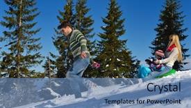  Presentation with winter family - Slide deck enhanced with winter season happy family having fun on fresh snow on vacation background and a teal colored foreground