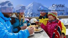  Presentation with ski - Presentation design featuring winter ski - skiers enjoying lunch in winter mountains background and a light blue colored foreground