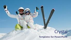  Presentation with winter family - PPT theme consisting of winter ski sun and fun - happy family in winter resort background and a sky blue colored foreground