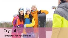  Presentation with friendship - Beautiful PPT theme featuring winter sport technology leisure friendship and people concept - happy friends with snowboards and smartphone taking picture outdoors backdrop and a coral colored foreground