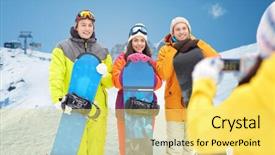  Presentation with mountain snow - Colorful slide set enhanced with winter sport technology leisure friendship and people concept - happy friends with snowboards and smartphone taking picture over snow and mountain background backdrop and a yellow colored foreground