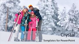  Presentation with winter sports - PPT theme with winter sports - family together skiing on snowy background and a light blue colored foreground