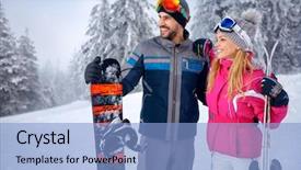  Presentation with skiing - Amazing presentation theme having winter sports - smiling young couple skiing backdrop and a light blue colored foreground