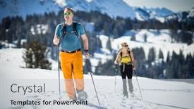  Presentation with winter sports - Colorful slide deck enhanced with winter-sports-two-friends-hiking backdrop and a light gray colored foreground