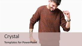  Presentation with young man wearing a hat - Audience pleasing slide deck consisting of winter sweater over isolated background backdrop and a coral colored foreground