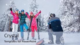  Presentation with winter family - Amazing PPT theme having winter vacation in snow mountain backdrop and a  colored foreground