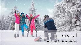  Presentation with winter family - Cool new theme with winter vacation in snow mountain backdrop and a  colored foreground
