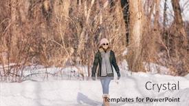  Presentation with winter forest - Theme consisting of winter-walk-happy-woman-walking background and a light gray colored foreground