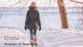  Presentation with winter river - Amazing presentation theme having winter walk woman walking out on nature river background in cold outdoor nature river outside wearing wool hat scarf and fur jacket outerwear enjoying outdoors backdrop and a light gray colored foreground