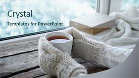  Presentation with cartoon kids holding hands - Audience pleasing theme consisting of winter window - female hands holding hot drink backdrop and a sky blue colored foreground