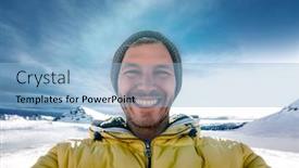  Presentation with wintersports - Cool new PPT layouts with wintersports adventure male on mountains backdrop and a light blue colored foreground