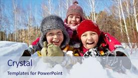  Presentation with young children playing multicultural - Cool new presentation theme with winterwear laughing while play backdrop and a sky blue colored foreground