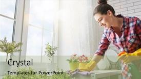  Presentation with room cleaning - Audience pleasing PPT theme consisting of wipe room - beautiful young woman makes cleaning backdrop and a mint green colored foreground