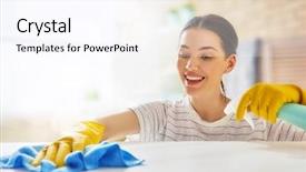  Presentation with room cleaning - Slides consisting of wipe room - beautiful young woman makes cleaning background and a pink colored foreground