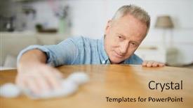  Presentation with man relaxing on massage table - PPT layouts with wipe room - senior man leaning over table background and a coral colored foreground