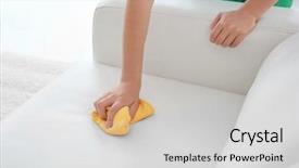  Presentation with cleaning - Slide set featuring wipe room - woman cleaning couch with duster background and a light gray colored foreground