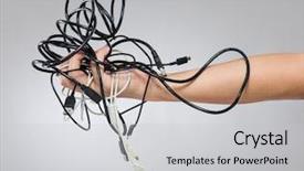  Presentation with cable - Beautiful PPT theme featuring wired body - man hold with group backdrop and a  colored foreground