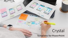  Presentation with web design - PPT theme featuring wireframe - app design technology and business background and a soft green colored foreground