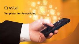  Presentation with smartphone app - Audience pleasing PPT layouts consisting of wireless communication concept - hand holding smartphone with glowing backdrop and a  colored foreground