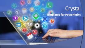  Presentation with ict modern laptop - Slide deck with wireless communication concept - hand pressing modern laptop background and a teal colored foreground