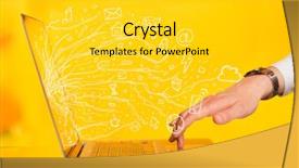  Presentation with young man holdng laptop on lap money - Beautiful slide deck featuring wireless communication concept - man pressing notebook laptop computer backdrop and a light gray colored foreground