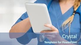  Presentation with tablet broken - Presentation theme featuring wireless communication medical application - doctor using her tablet background and a ocean colored foreground