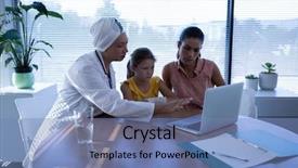  Presentation with female hospital patient - Slide set consisting of wireless communication technology medical - front view of matured mixed background and a teal colored foreground