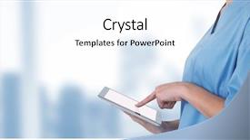  Presentation with using digital tablet - Colorful slides enhanced with wireless communication technology medical - midsection of female doctor using backdrop and a white colored foreground