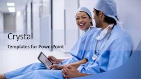  Presentation with healthcare workers - PPT theme enhanced with wireless communication technology medical - surgeons using digital tablet background and a light blue colored foreground